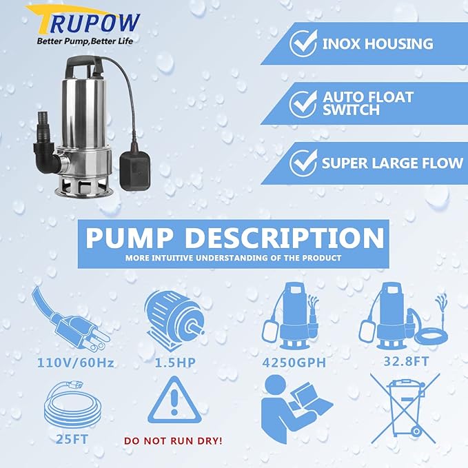 Trupow 1.5HP 110v Submersible Sewage Drain Flood Stainless Steel Clean/Dirty Water Sump Transfer Pond Garden Pump