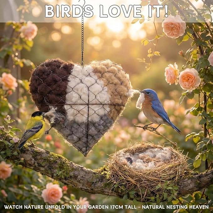 Handmade Alpaca Fiber Bird Nesting Heart, Alpaca Fiber Bird Nesting Material, Heart Shaped Birds Nestings House with Hanger for Wild Birds, Decorative Outdoor Garden Birdhouse Gift(1PCS)