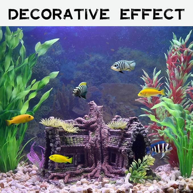 Aquarium Decorations Large Fish Tank Ornament Reptile House Shelter Decor Aquarium Hides with Betta Cave Temple Ruins Tree House Aquarium Landscape Decoration