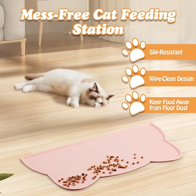 Elevated Cat Bowls with Food Mat & Metal Stand - 7.1" Wide Stainless Steel Whisker Friendly Dishes, 15° Tilt for Cats/Kittens/Small Dogs, Indoor/Outdoor & Travel Use (2-Pack) HBGmao-hao (Pink)