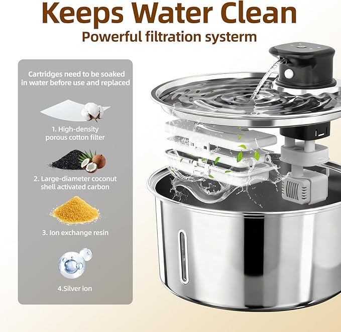 Wireless Cat Water Fountain,Cat Water Fountain Stainless Steel 3.2L/108oz Large Capacity Battery Operated Pet Water Fountain Indoor with Motion Sensor for Cats Dogs BPA-Free