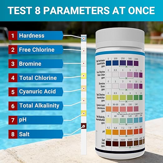 2026 Salt Water 8-in-1 Pool Test Strips Kit | 150 Strips Pool Salt Test Strips | Salt Water Pool Testing Kit for Pools, Hot Tubs & Spas Quick Accurate Tests Salt, Chlorine, pH, Cyanuric Acid