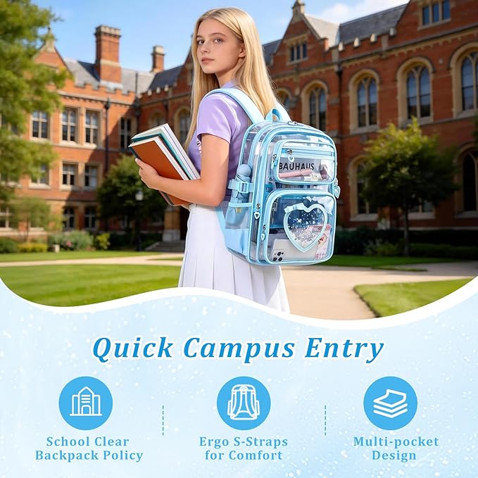 Clear Backpack for School Girls, Cute Heavy Duty PVC Transparent Bookbag, See-Through Bag for Stadium Event Blue