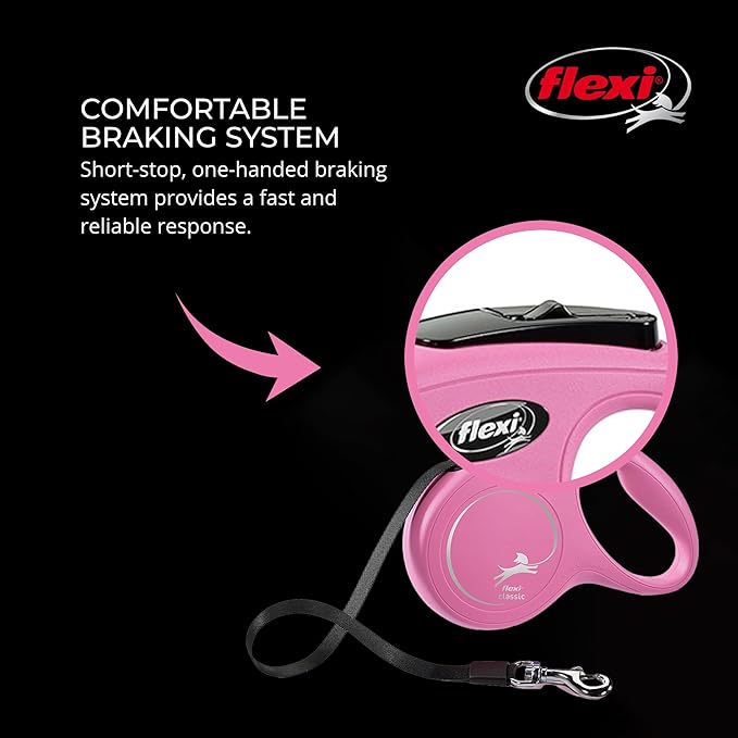 FLEXI New Classic Tape Retractable Dog Leash for Small Dogs Up to 33 lbs. – 16 ft., Pink Tangle-Free Pet Walking Leash with One-Handed Brake, Pause, Lock German Quality Product