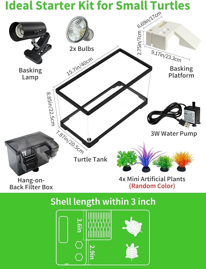 15.7in Turtle Tank Starter Kit with Basking Platform, Hang-on-Back Tank Filter, Adjustable Flow Pump & 360° Timer Basking Light, Bottom Drainage Reptile Aquarium for Small Turtles Aquatic Pets
