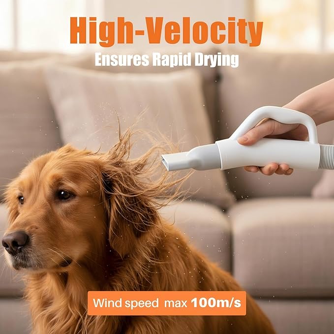 NEWBULIG Dog Hair Dryer, 1550W High Velocity Pet Blow Dryer with Heater for Grooming, Speed Temperature Adjustable Dog Blower Grooming Dryer with 4 Nozzles, White