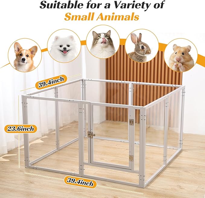 Clear Acrylic Dog Playpen with Door,Puppy Fence Indoors H:24" 8-Panel can be DIY Expanded + Splicing Height Design for Puppies/Small Dogs,White Dog Enclosure (Metal + Acrylic Material)