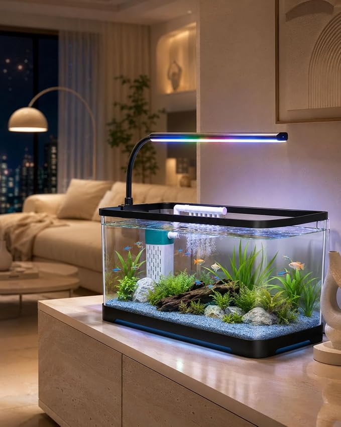3 Gallon Betta Fish Tank Starter Kit - Negative Pressure Acrylic Aquarium | Desktop Small Aquarium with 3-Color LED Light, Quiet Water Pump Filter, Blue Sand & Net for Guppies, Goldfish & Small Fish