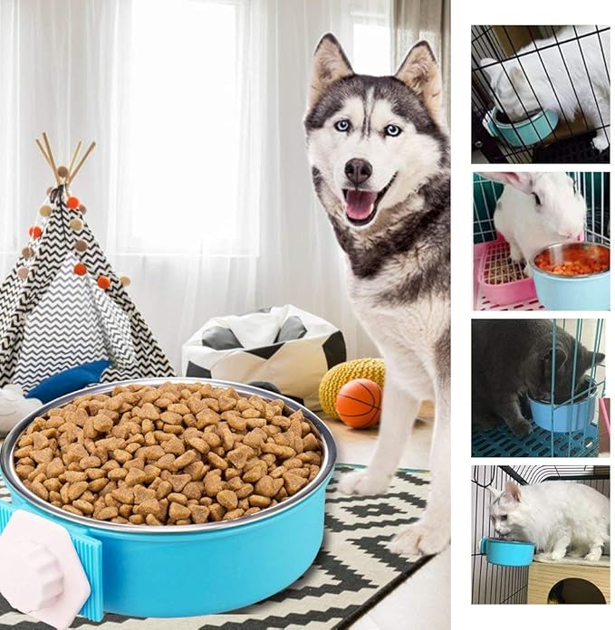 Crate Dog Bowl-Stainless Steel Removable Hanging Food Water Bowl Cage Coop Cup for Pet,Blue (LJ-ZLK-110808)