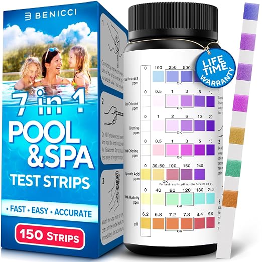 7-in-1 Accurate Pool Test Strips - 150 Hot Tub Spa Test Strips - Quick Pool Water Testing Kit - Bromine, pH, Hardness, Alkalinity, Chlorine & Cyanuric Acid - Perfect for Any Pools, Spa, Hot tubs