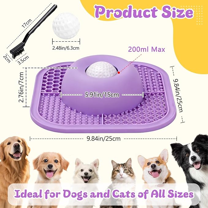 PetsHome Slow Feeder Dog Bowls & Lick Mat for Liquid and Thick Treat, Anti-Slip Dog Lick Bowl with Interactive Rolling Ball, 5/6 Cup Pup Licking Toy for Large Medium Small Dogs and Cats Purple