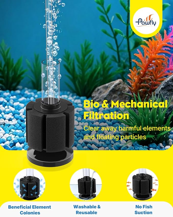 Pawfly 27 L/h Aquarium Air Pump, Mini Air Pump for 1-15 Gallon Fish Tanks | 1.3 W Ultra Quiet Portable Fish Tank Air Pump Oxygen Aerator Kit with Mini Sponge Filter Air Tubing Air Stone Check Valve