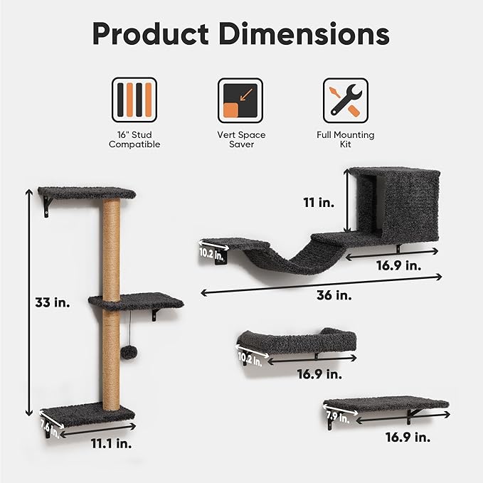 FUKUMARU Cat Wall Shelves, Stable & Safe 5 in 1 Cat Walls Furniture Set, Wooden Kitten Climbing Wall with Scratching Post for 16 Inch Drywall - Gray