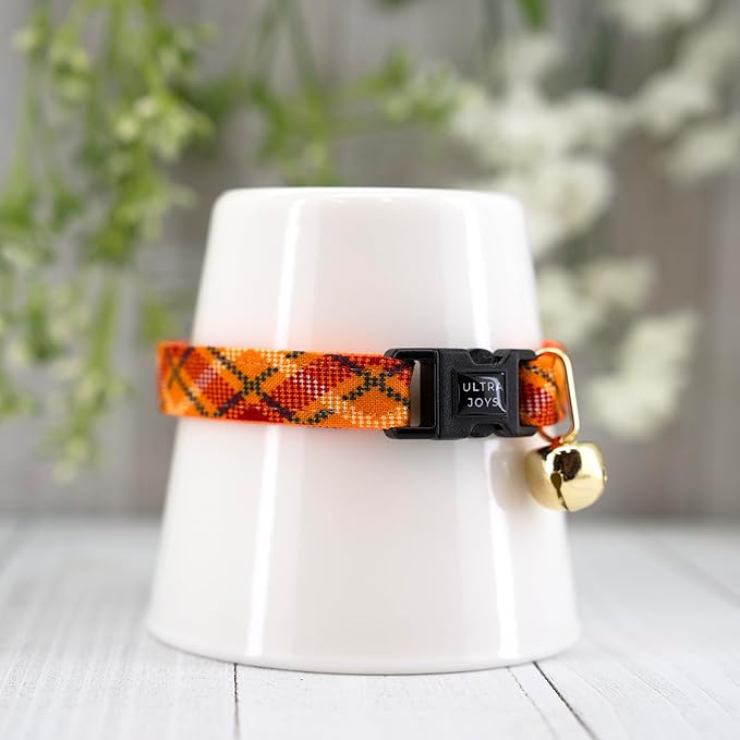 Ultra Joys Cat Collar with Bells - Breakaway for Kittens & Cats - Orange Plaid Small