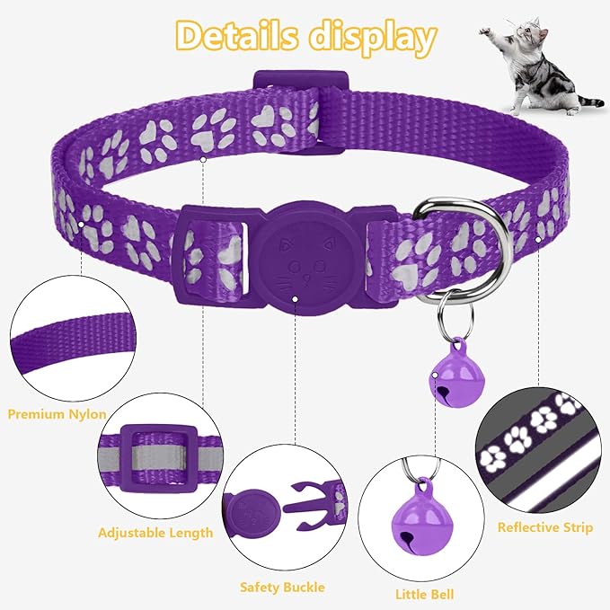 Taglory Reflective Cat Collar Breakaway with Bell, High Visibility Night Strip, Lightweight Adjustable Nylon Collar for Boy Girl Cats, 2 Pack, 7.5-12.5 Inch, Purple