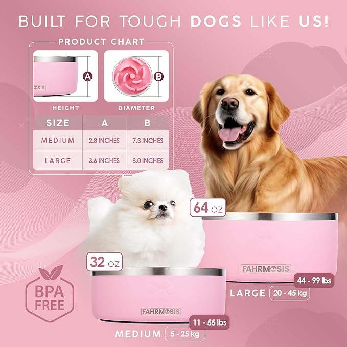 FAHRMOSIS 32 Oz Dog Bowl with Slow Feeder Insert Stainless Steel Pet Water Bowl for Medium & Large Breed Non Slip Rubber Base & Plastic Puzzle Feeder - Pink