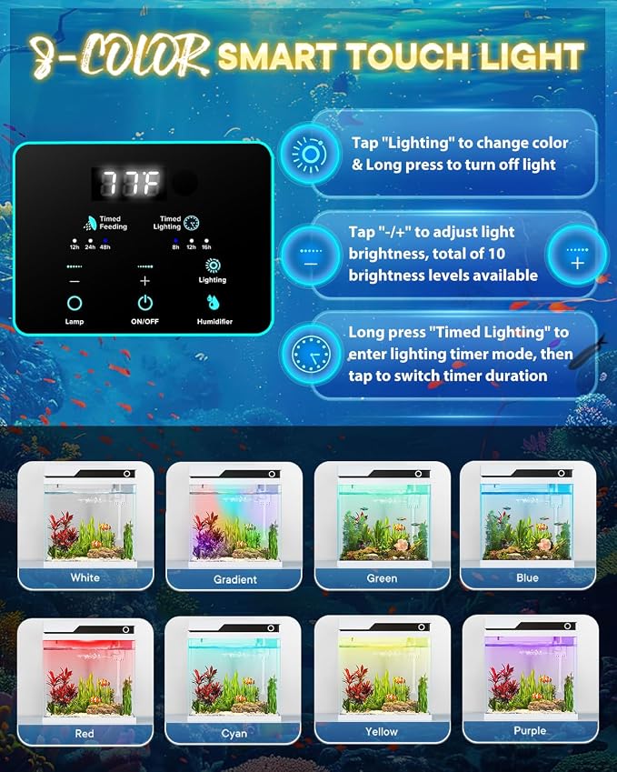 Vehipa Fish Tank, Smart Fish Aquarium Kit 4.2 Gallon | with Auto Feeder, 4-in-1 Silent Pump, Adjustable Lighting, Temperature Display & Humidifier for Desktop, Office, Room