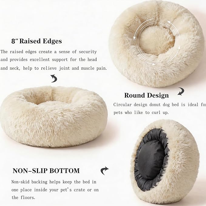 Calming Dog Bed for Medium Dogs Washable Donut 30 inches Anti-Slip Pet Bed,Round Fluffy Plush Faux Fur Cat Bed,Fits up to 45 lbs Pets,Beige