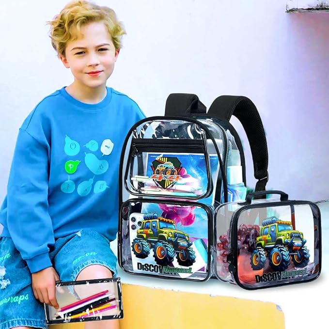 AGSDON 3PCS Clear Backpack for Boys,16" Truck Transparent Bookbag Heavy Duty, Cute See Through Backpacks with Lunch Bag