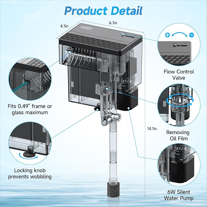 6W Aquarium Filter, 145 GPH Hang-On Waterfall Filter with Skimmer | Designed for low-noise filtration in 7-14 gal tanks, with adjustable flow, surface skimming, and reusable sponge media