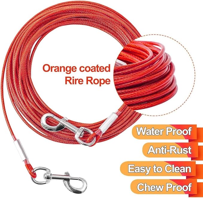 Tie Out Cable for Dogs,10/20/30/50/100FT Dog Leads for Yard Chew Proof,Heavy Duty Tie Out Cable for Large Dogs Up to 125lbs,Dog Runner Tether (Red, 125Ibs 100ft)