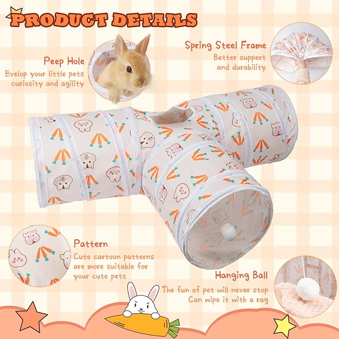 BWOGUE Bunny Tunnels & Tubes Collapsible 3 Way Bunnys Hideout Small Animal Activity Tunnel Toys for Dwarf Rabbits Guinea Pigs Kitty
