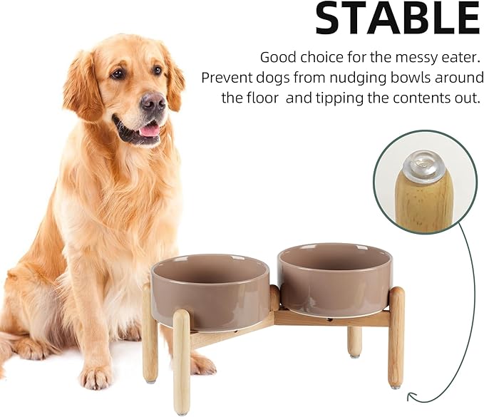 Havniva Ceramic 7.3inch Raised Double Bowls Set with Wooden Stand, Food & Water Bowls for Medium Breed Dogs, Weighted Dog Dishes, Pet Feeder(Brown Coffee)