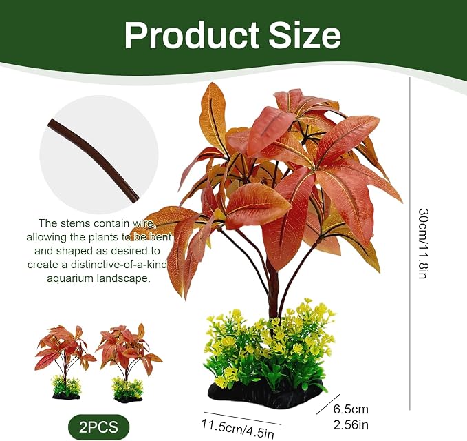 Silk Aquarium Plants 2-Pack 11.8" Tall | Soft Silk Plants for Fish Tank, Artificial Decoration for Fish Habitats, Safe for All Fish (Red)