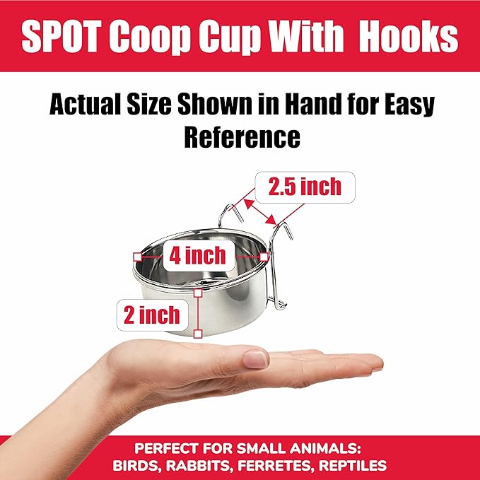 SPOT Stainless Steel Mini Coop Cup with Wire Hooks – 10 oz Small Pet Food & Water Bowl, Rust-Resistant & Easy to Clean, Attaches to Cages for Birds, Parrots, Rabbits, Ferrets, Rats & Small Pets