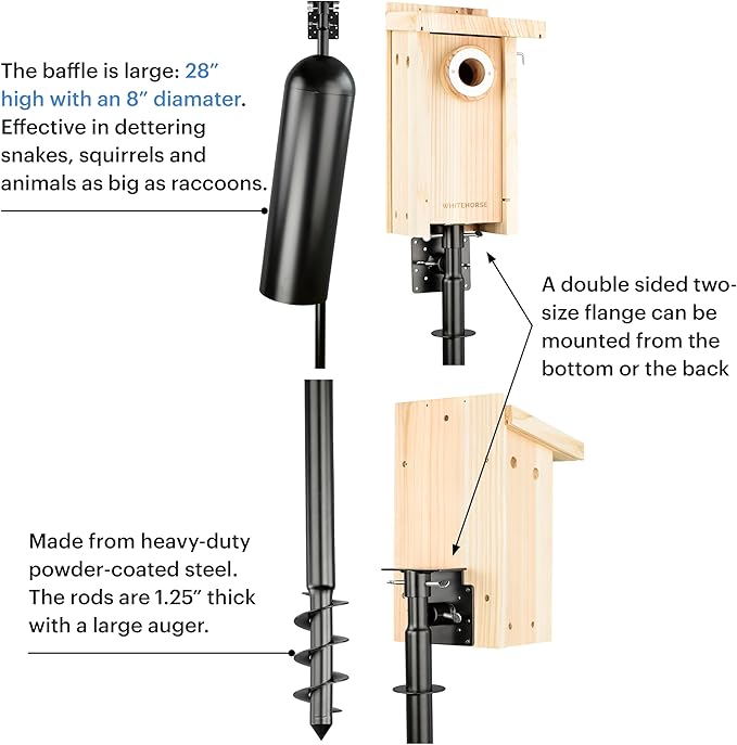 WHITEHORSE Bird House with Pole and 28" Baffle - A Bluebird House Built to NABS Specs - Nestbox for Various Songbird Species - Bluebird Box House - Weatherproof Bird Houses for Outdoors (15” Floor)