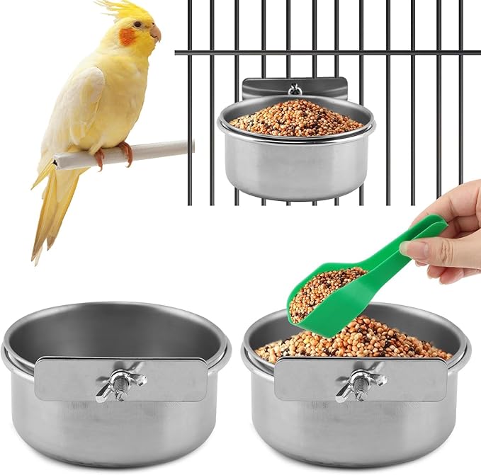 2Pcs Stainless Steel Bird Feeding Bowls with Feeding Spoon,Parrot Food Bowl Cage with Clamp Holder,Birdcage Coop Water Feeder for Cockatiel Parakeet Macaw Finches Small Animals