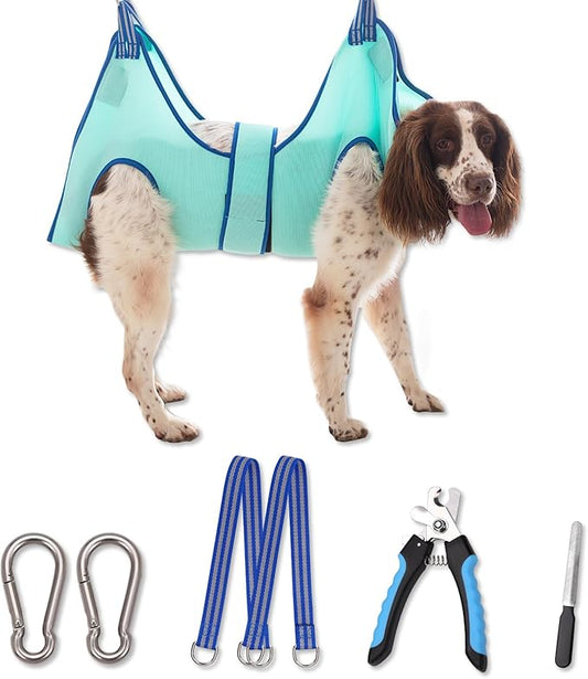 Kkiimatt Dog Grooming Hammock,Hanging Harness Holder for Nail Clipping, Nail Trimming Hammock with Wide Strap, Grooming Sling Hanger for Claw Care (X-Large 50 LB Max/Turquoise)