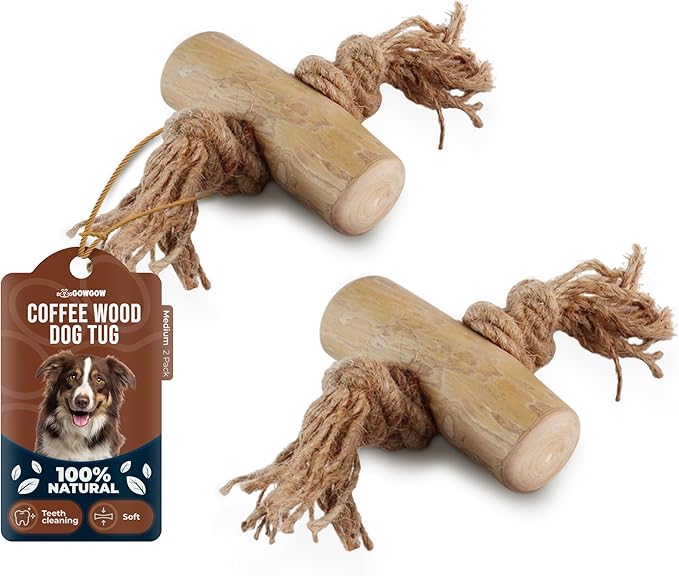 2 Pack Coffee Wood Tug for Dogs, Medium Toys Made of Real Coffee Wood and Hemp Rope - 100% Natural - Dogwood Chew Stick, Stress Relief, Training and Rewards