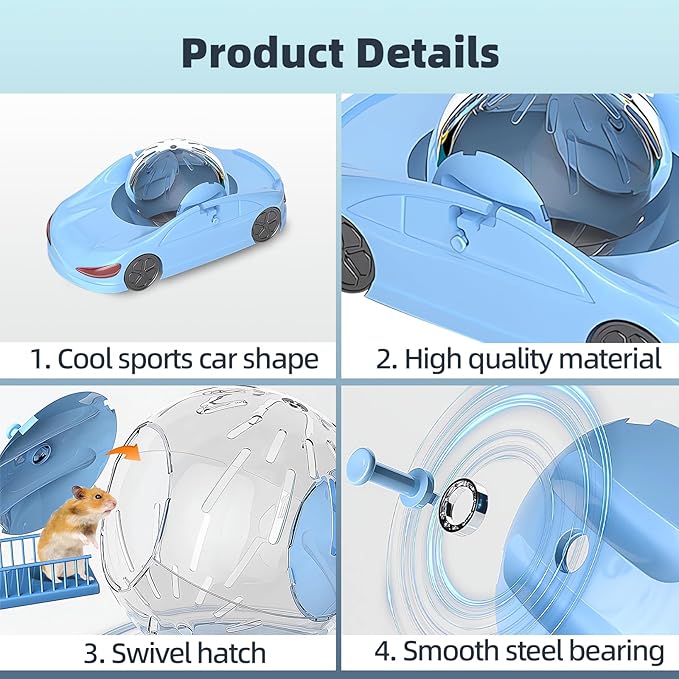 Silent Hamster Exercise Ball, with Ventilated Design - Safe & Durable Fitness Toy for Night Use, Non-Slip Surface & Removable Cover Small Pet Running Wheel for Hamsters, Gerbils, Mice (Blue)