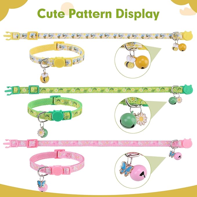 BINGPET Breakaway Cat Collar with Bell, 3 Pack Cat Collars for Girl Cats, Cute Kitty Collars Accessories with Butterfly & Flower & Bee