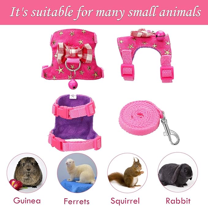 SATINIOR 2 Pieces Small Hamster Harness and Leash Set, Ferret Guinea Pig Clothes with Bowknot and Bell Decor, No Pulling Comfort Padded Vest Striped for Rats Bunny Rabbit Small Animals(S,Blue, Pink)