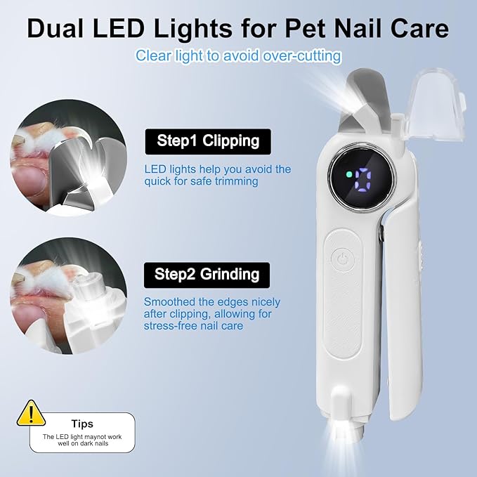 2-in-1 Dog Nail Clippers & Grinder with LED Light, Quiet Electric Pet Nail Trimmer for Small Medium Large Dogs & Cats, 3 Speeds, USB Rechargeable, Quick Sensor, Safety Lock & Splash Guard (White)