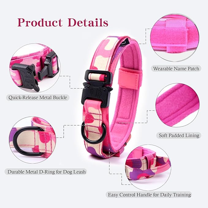 Xqpetlihai Tactical Dog Collar and Leash Set Adjustable Military Nylon Dog Collar with Control Handle and Heavy Duty Metal Buckle for Large Dogs （Pink Camo XXL