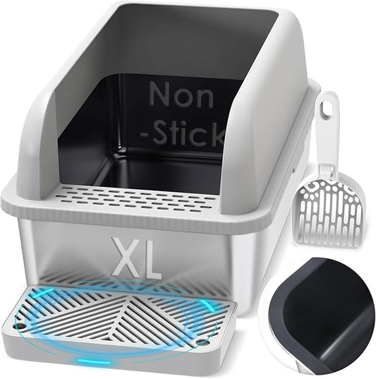 Suzzipaws Non-Sticky Coated Stainless Steel Cat Litter Box with Lid Extra Large Litter Box for Big Cats XL Metal Litter Pan Tray with High Wall Sides Enclosure, Anti-Leakage, Easy Cleaning