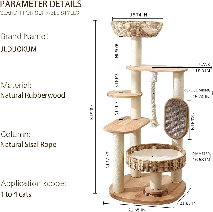 Wooden Cat Tree for Large Cat, 49.6IN Tall Cat Tower with Scratching Post for Indoor Cats, Multi-Level Cat Condo with Hand-Woven Cat Bed and Scratching Board Easy to Clean