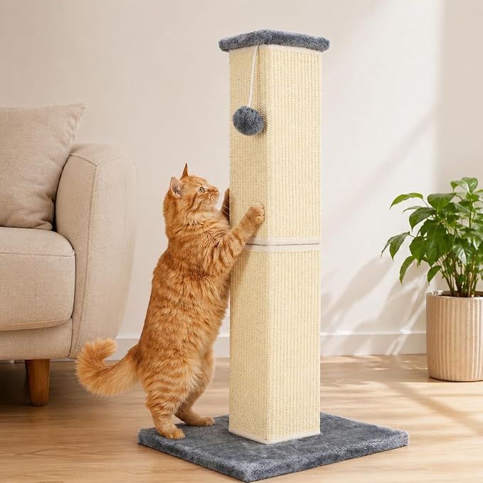32" Tall Cat Scratching Post for Large Indoor Cats & Kittens, Cat Scratcher with Extra Large Stable Base and Natural Sisal, Sturdy Cat Scratch Post to Protect Furniture & Couch, Grey