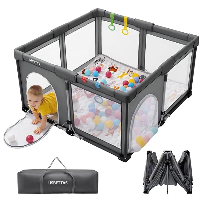 Foldable Baby Playpen, 1-Minute Setup, Lightweight Portable Playpen with Carry Bag, 50"x50" Indoor Outdoor Safty Play Yard for Babies & Toddlers, Dark Gray