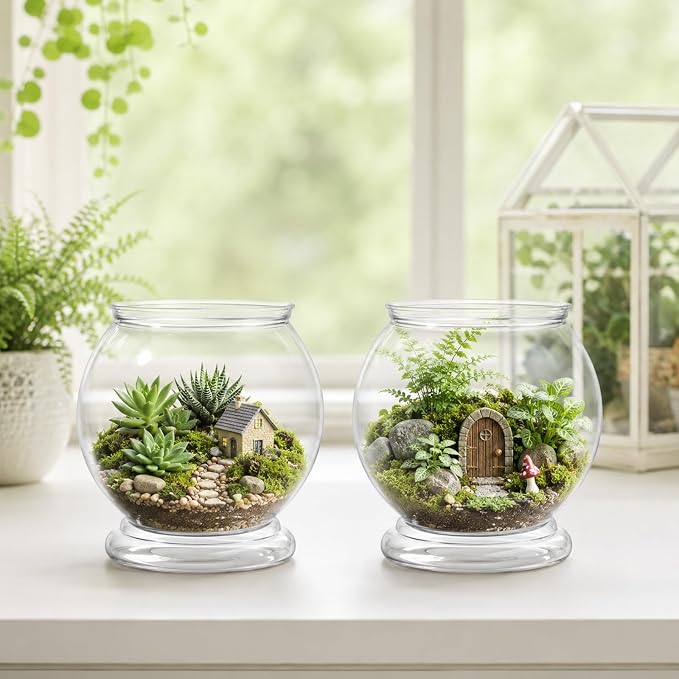 Mini Plastic Fish Bowl with Artificial Aquatic Plants, 27 oz Decorative Fish Bowls Unbreakable Plastic Betta Fishes Tank Clear Round Desktop Vases Bowls for Home Decor, Centerpiece Vases, Candy