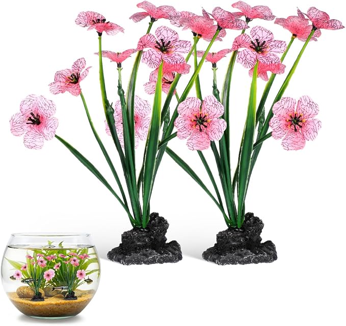 Veemoon 2 Pcs Pink Aquarium Artificial Plants, 7.47 Inch Tall Fake Lotus Flower Decor, Plastic Betta Fish Tank Desktop Bowl Accessories