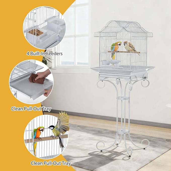 58" Vintage Scrolled Bird Cage - Heavy-Duty Metal with Rust-Resistant Coating, Parrot Cage with Slide-Out Tray, Stand, Perch & Bowls, Victorian Bird Aviary for Cockatiel, Parakeet, Finch & Lovebird