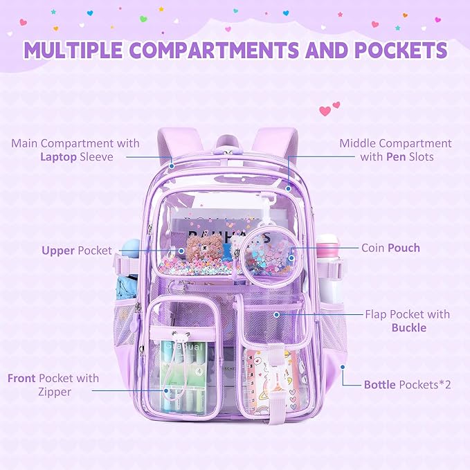 Clear Backpacks for Stadium Events Heavy Duty Clear Bookbag for School Girls Transparent Back Pack, Purple