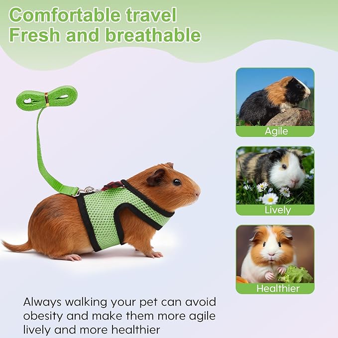 Guinea Pig Harness and Leash，2packs Guinea Pig Clothes Baby Ferret Rats Hamster Soft Mesh Harness Leash for Decoration，Hamster Harness can be Adjusted to Any Size. (Black + Green)