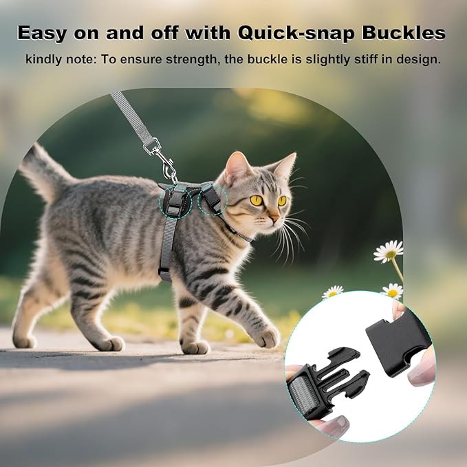 Plutus Pet Adjustable Cat Harness and Leash Set, Quick Release, Escape Proof Nylon Vest with Leather Trim for Kitten, Small Medium Large Cats, Gray