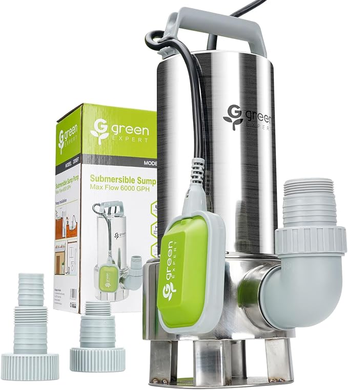 Green Expert 1.5HP Submersible Sump Pump, Max 6000 GPH High Flow, Full 304 Stainless Steel, Automatic Tethered Float Switch, 25 ft Power Cord, Handles 1-1/3 in Solids, for Basement Sewage Pit & Pools