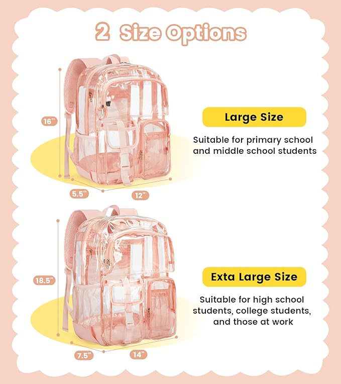 Vorspack Clear Backpack for School - Heavy Duty Transparent Bookbag for Girls Boys Large See Through backpacks for Work, College, Travel - Pink